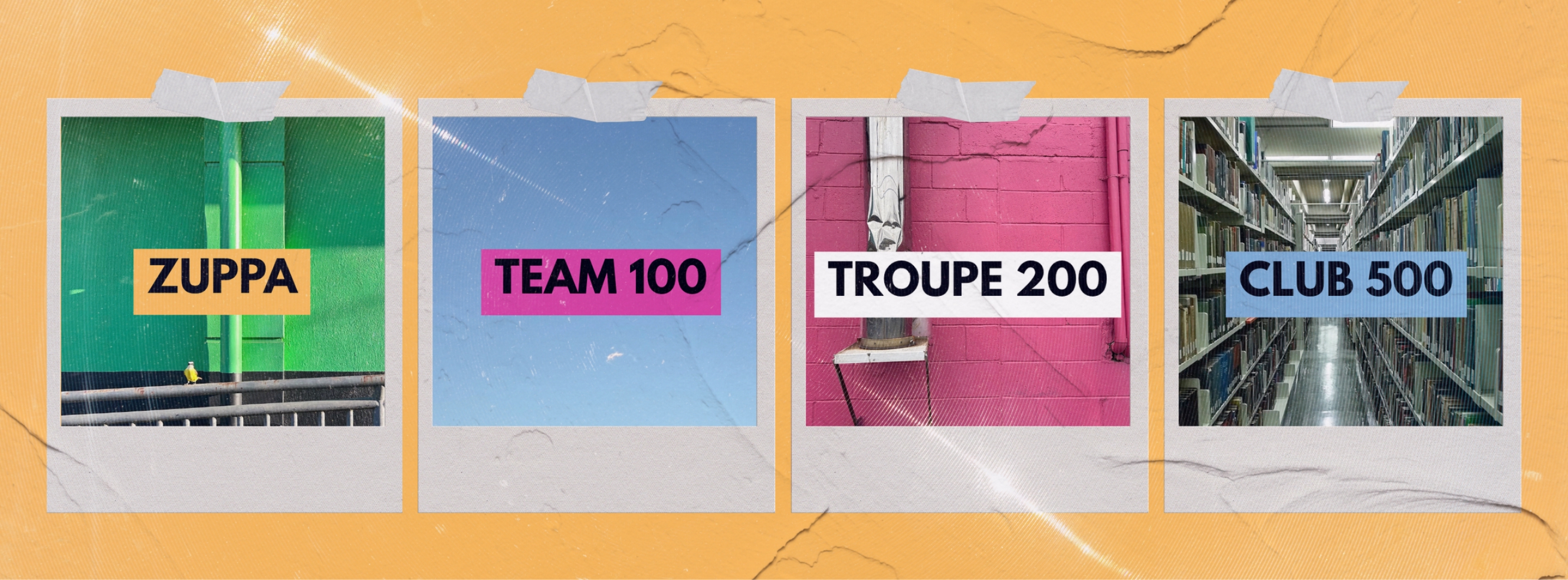 Zuppa logos for Team 100, Troupe 200 and Club 500.