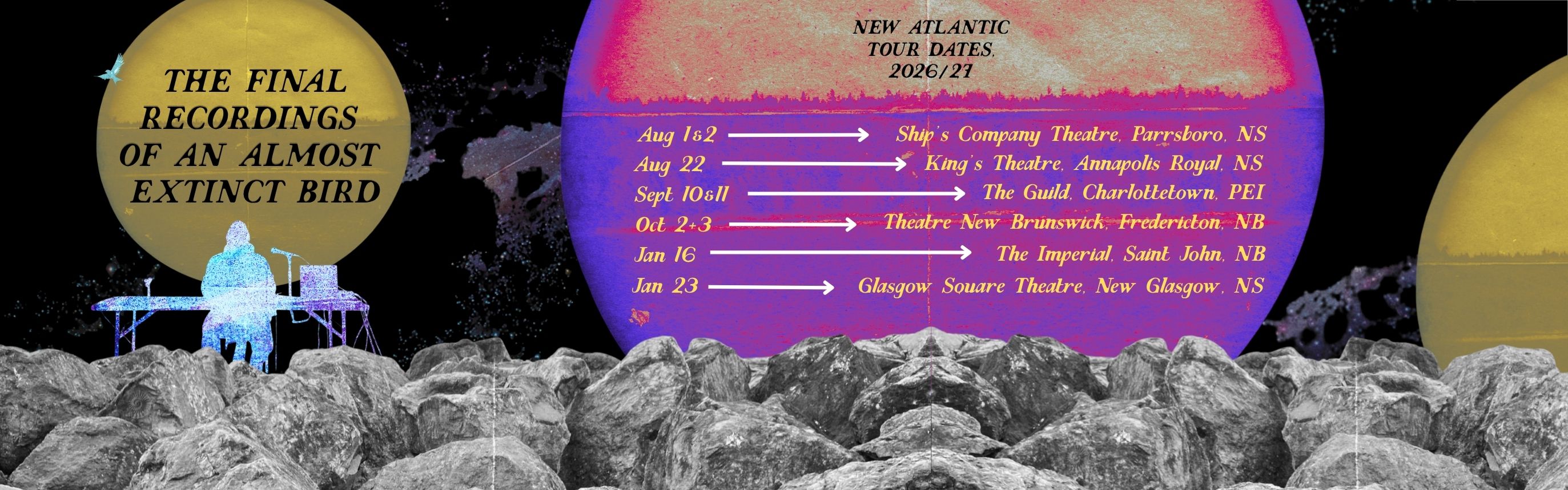 A black background with stars and nebulae. The foreground is a grey, rocky terrain. A digitally glitching man at a folding table, with microphone and lots of wires perches atop the rocks. In the background, in space, giant glowing yellow and purple orbs. One of them reads "The Final Recordings of an Almost Extinct Bird", and one of them lists a series of dates and places, where the show will tour.